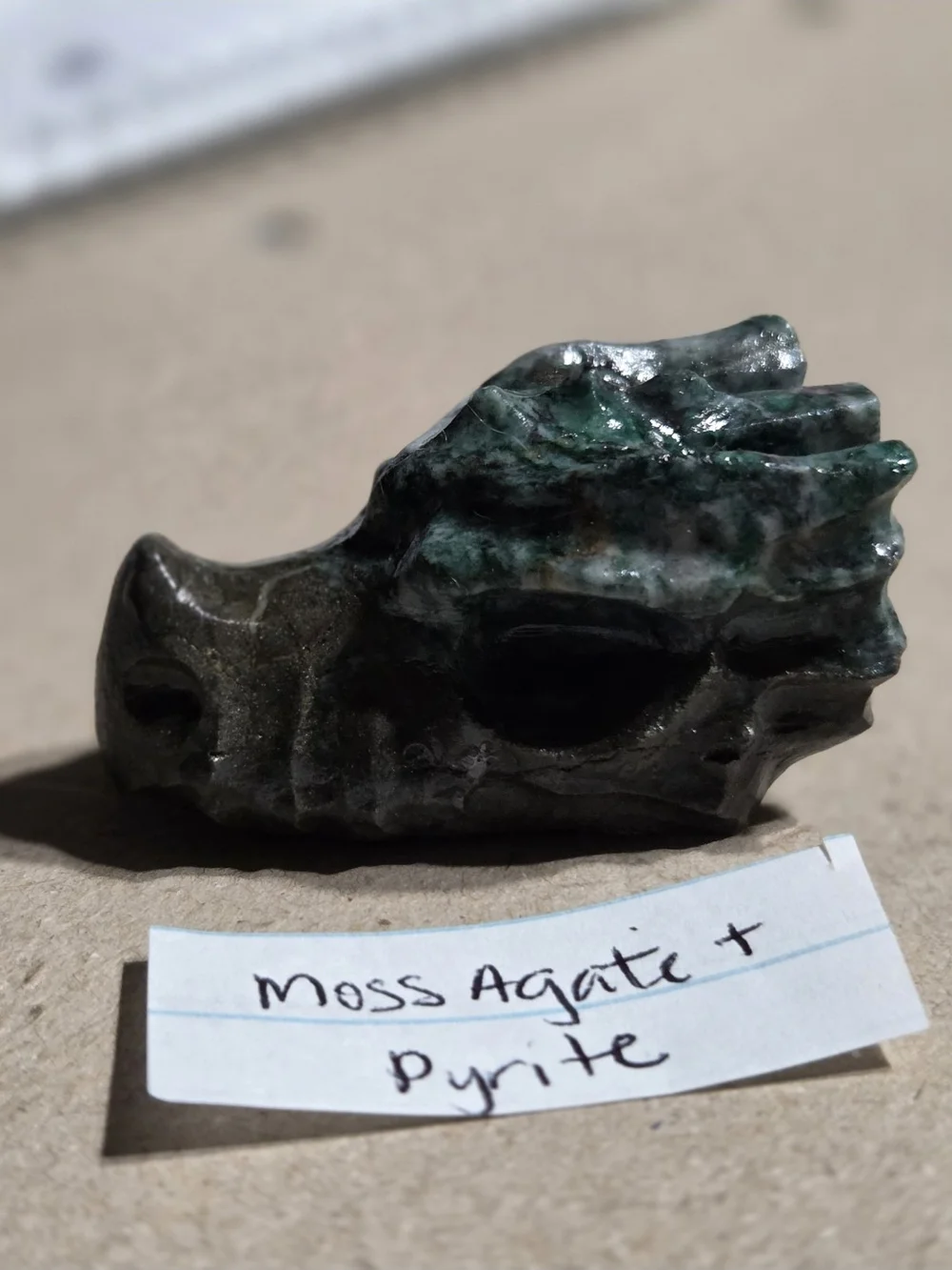 Detailed Moss Agate and Pyrite Crystal Carved Dragon Head Stone Sculpture Decor
